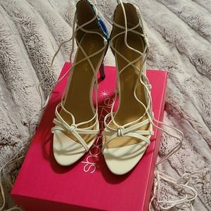 Blue and white strappy lace up stiletto heels